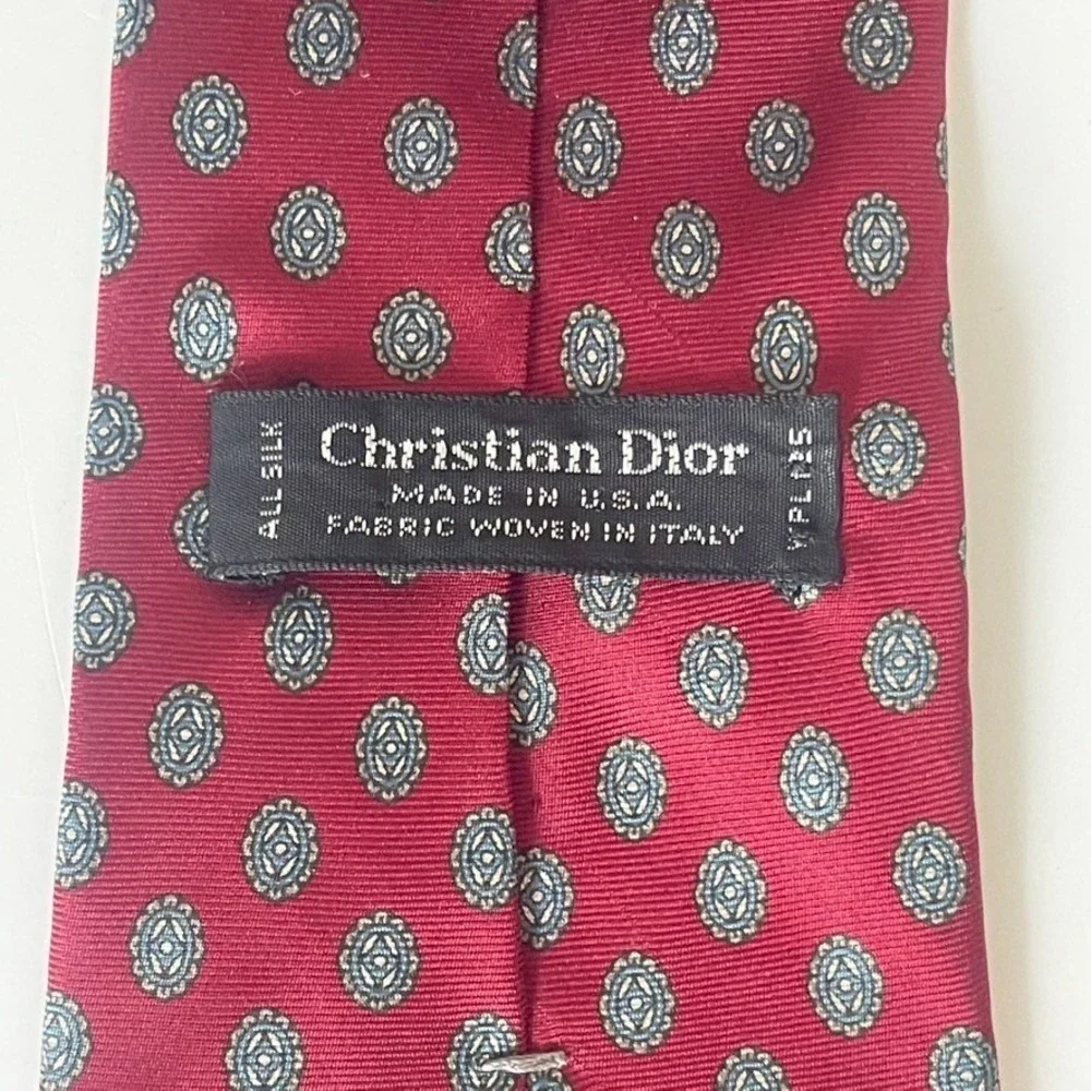 vintage Christian Dior Silk Tie Red Blue Medallion Designer Necktie